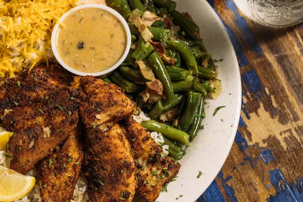 Blackened Catfish W/ Green Beans & Crawfish Mashed Potatoes