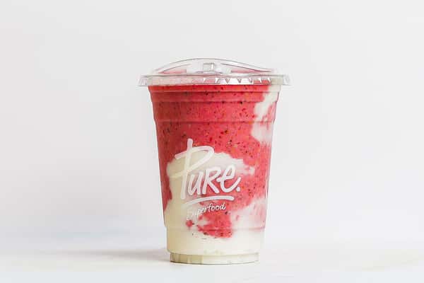 Refreshing strawberry smoothie blended with creamy yogurt, served in a clear Pure Superfood cup with a marbled pink and white swirl effect.