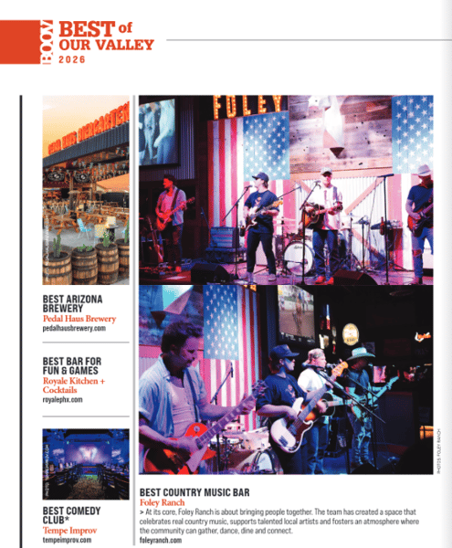 Best of Our Valley 2026 feature recognizing Foley Ranch as Best Country Music Bar, highlighting live country music performances, local artists, dancing, and community entertainment.