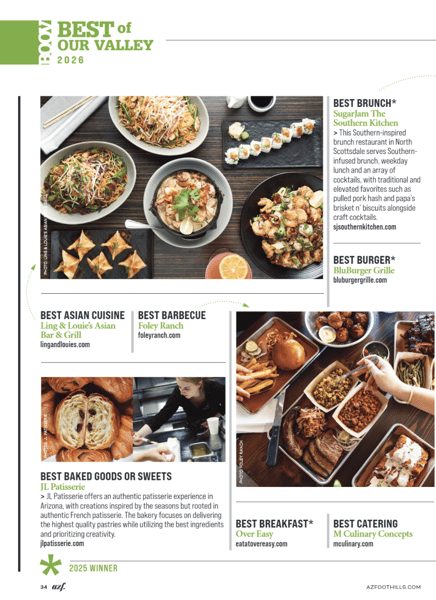 Best of Our Valley 2026 magazine feature recognizing Foley Ranch as Best Barbecue, highlighted alongside top dining and restaurant winners across Arizona.