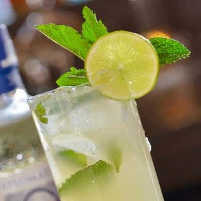 Refreshing mojito-style cocktail with lime slice, mint sprig, and ice cubes in a tall glass, perfect for a tropical restaurant setting.