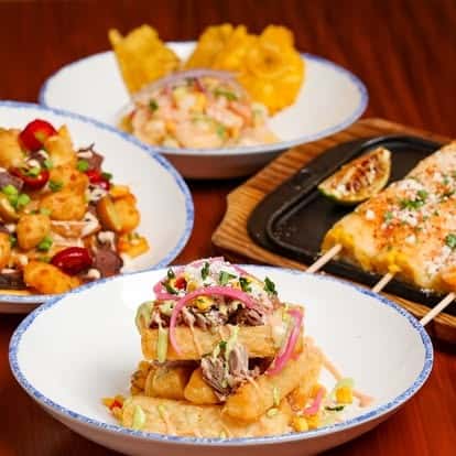 Colorful Latin American appetizer spread featuring tostones, ceviche, elote-style grilled corn, loaded yucca fries, and crispy seasoned potatoes.