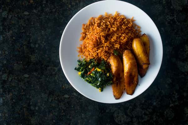 Jollof Rice, Vegetables and Plantain