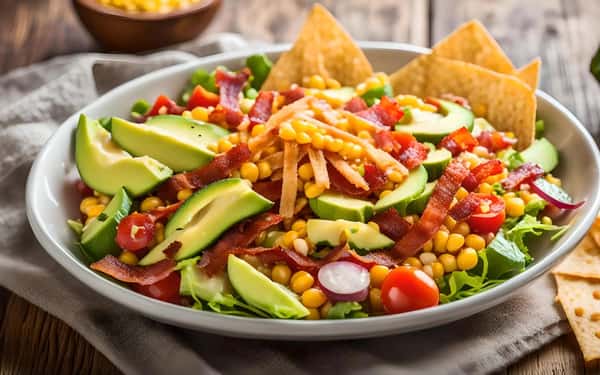 Southwest salad with avocado, corn, cherry tomatoes, bacon, tortilla strips, and red onion on a bed of fresh greens.