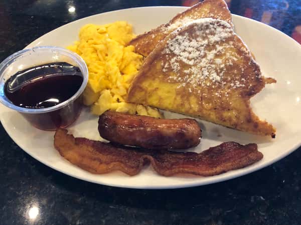 1 Egg, 2 strips Bacon or Sausage links, & 2 slices of French Toast