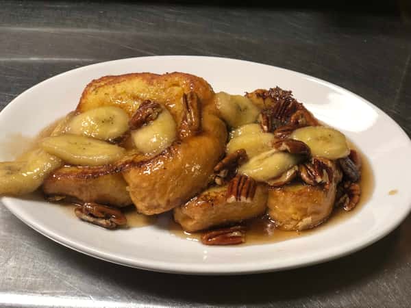Caramelized banana-pecan french toast with brown sugar maple syrup