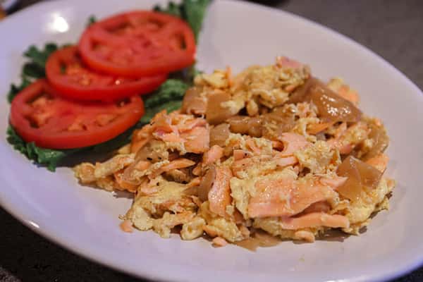 Lox and eggs and onions, scrambled