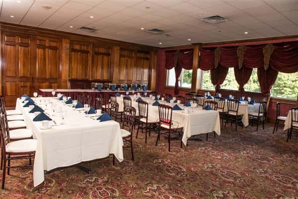 wide view of three long tables