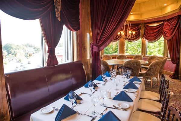 long table with booths