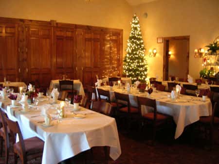 banquet room with a decorated christmas tree
