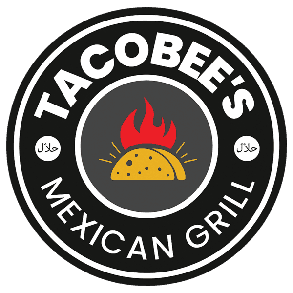 Tacobee's Mexican Grill circular logo featuring a taco with flame icon and bold black and white branding