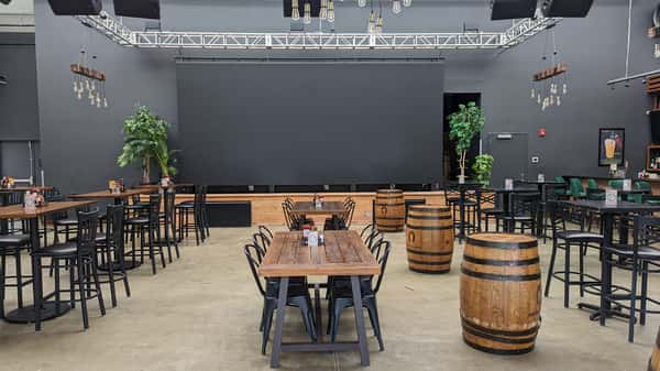 spacious dining area with barrels