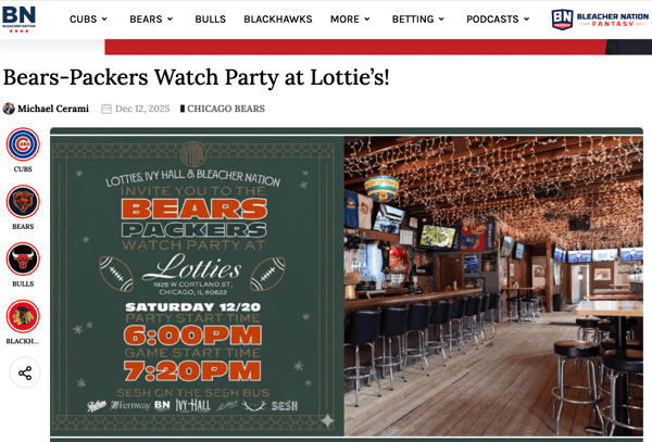 Bleacher Nation: Bears-Packers Watch Party, December 2025