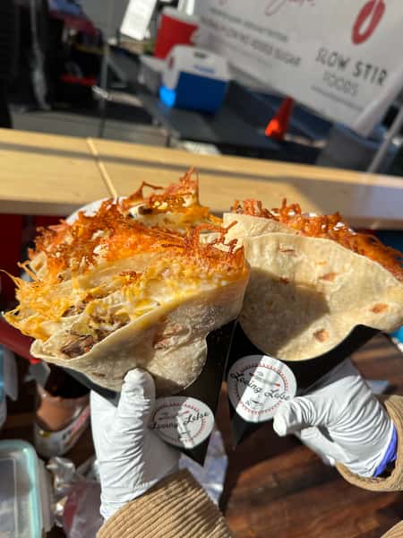 Two flatbread potato with cheese and chicken
