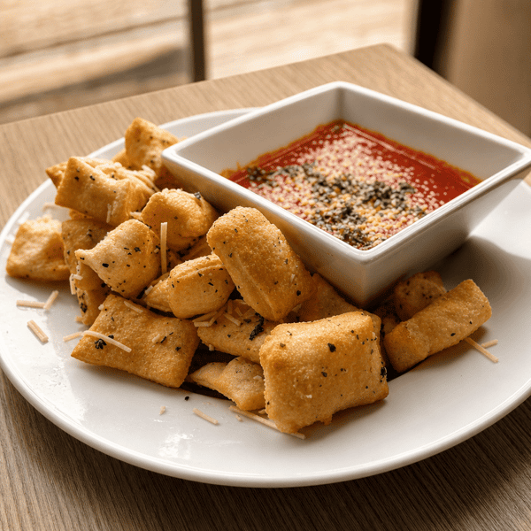 Fried dough bites served with marinara dipping sauce