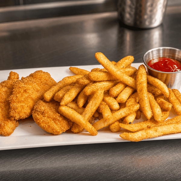 Breaded chicken tenders with french fries and ketchup