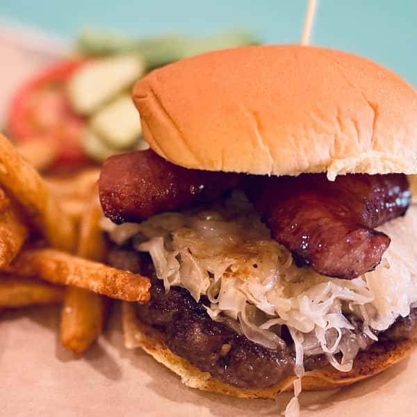 burger with sauerkraut and hotdog