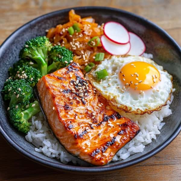 Salmon with egg rice and broccolis