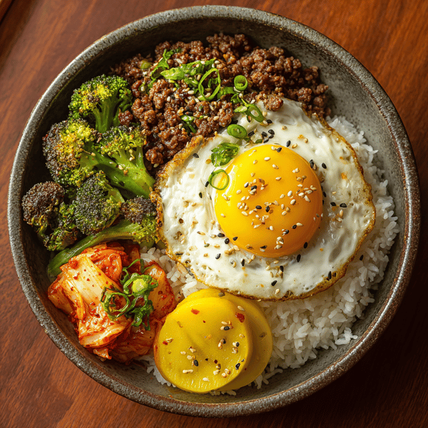 Ground beef with rice egg and broccolis