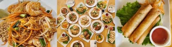 Collage of Thai dishes including shrimp Pad Thai with peanuts and bean sprouts, a large variety of traditional Thai entrees displayed on a wooden table, and crispy golden spring rolls served with sweet chili dipping sauce—highlighting a vibrant and diverse Thai dining experience.