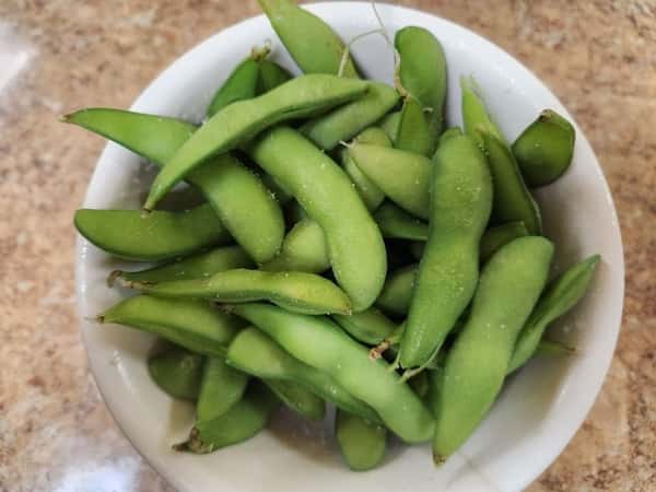 Freshly steamed edamame pods sprinkled with sea salt, served in a white bowl, a classic Japanese appetizer or healthy plant-based snack.