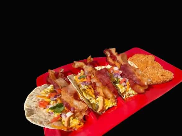 3BreakfastTacos-6Bacon,4Egg,YellowCheese,Pico,R&B