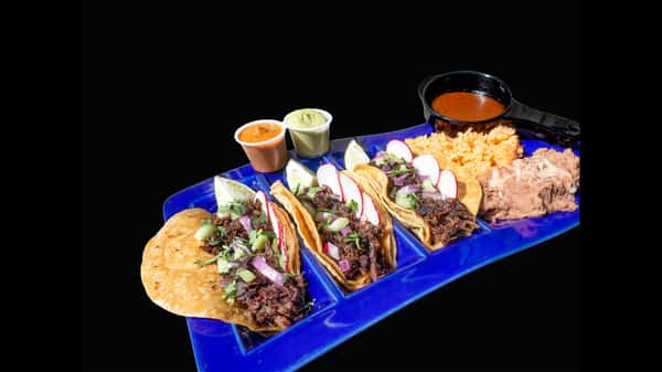 19. 3 Barbacoa Tacos- Rice&Beans,Consume