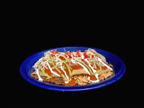 26.Enchiladas Supreme-Lettuce,Tomatos,ShreddCheese,SourCream&GuacaDrizzle,Rice&Beans