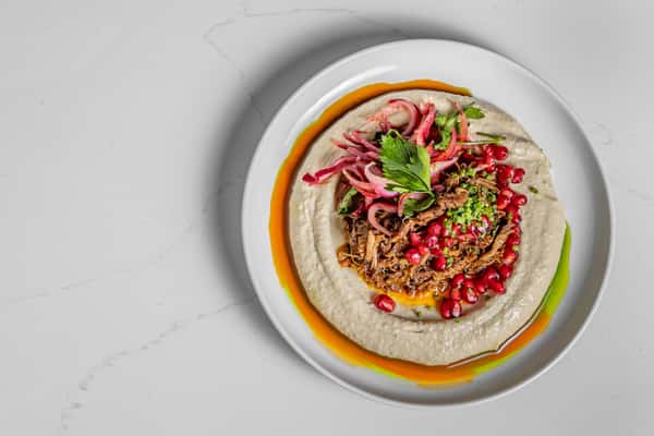 Hummus with Braised Lamb Shoulder and Harissa