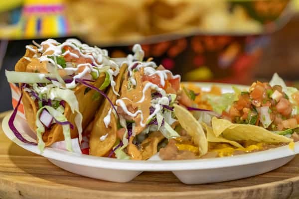 #23 2 CRUNCHY SHRIMP TACOS W/RICE & BEANS