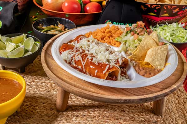 #13 2 STEAK ENCHILADAS PLATE W/RICE & BEANS