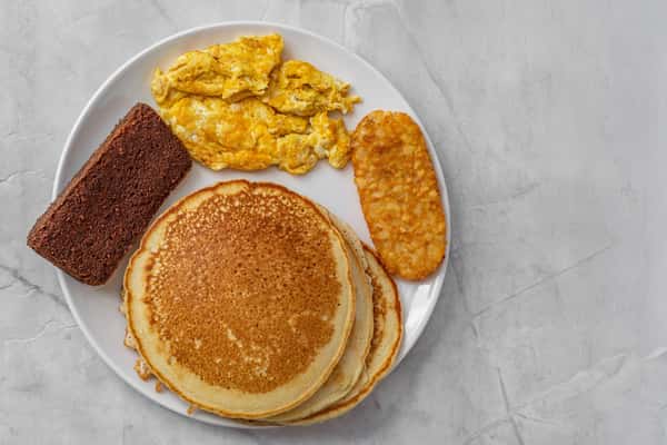 3 Pancake Platter ( 2 Eggs/ 1 Choice Meat / Hashbrown )