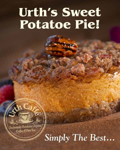 The delectable Sweet Potato Pie, a naturally sweet treat with slow-roasted organic sweet potatoes, crushed ginger snap cookie crust topped by crushed pecans 🥧🍠
This treat is full of nutrients, containing heart-healthy unsaturated fats that are suitable for low-fat diets. This is the excellence of Urth Caffé reflected into all of our baked goods and pastries: the importance of natural, organic ingredients that don't contain additives, artificial flavors, or emulsifiers.
#urthcaffe #sweetpotatopie #seasonalsweets #organicingredients #holidaytreats
