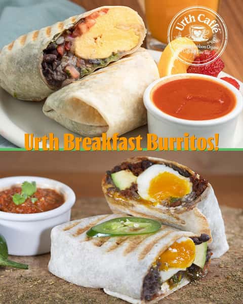 Breakfast is the most important meal of the day 🌯 Also the most delicious!

Urth's Breakfast Burrito is packed with scrambled eggs, organic black beans, Monterey Jack cheese, guacamole and Pico de Gallo and your choice of flour, spinach, wheat, and gluten-free* tortilla. Served with a mild chipotle sauce.

Looking for a 100% plant-based option? The flavorful Huevos Rancheros Burrito contains farm-fresh eggs, our homemade Ranchero sauce, black beans, soy chorizo, almond cheese, ripe avocado and micro cilantro wrapped up in a warm flour tortilla (or Gluten-Free** tortilla), garnished up with a fresh jalapeno chili. Available as well is the option for our vegan eggs, 100% plant-based upon request.

�*We cannot guarantee that our gluten-free items have not been prepared with items containing gluten.

#urthcaffe #huevosrancheros #burritos #nationalbreakfastmonth #breakfastburrito