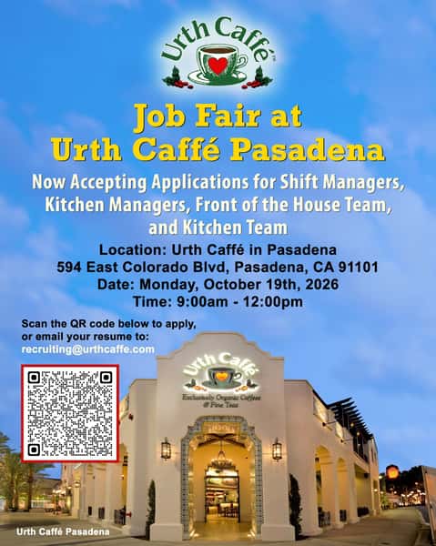 Seeking a full-time position with great benefits, learning opportunities, and an inclusive environment? ❤️☕ Come meet with our team at the Urth Caffé Pasadena Job Fair — we're looking for motivated, hard-working leaders and team members who are ready to work with a company that is committed to serving the community.
We’re looking for passionate, committed team members who are excited about working with a long-standing company that focuses on people, our planet, and providing pleasurable experiences with our iconic health-conscious cuisine and signature hand-crafted drinks.
You’re a great fit if you are:
- Friendly, upbeat, and love working with diverse communities across Southern California
- Reliable and detail-oriented, able to thrive in a fast-paced environment
- A team player with a positive attitude that encourages team members
- Eager to learn and grow within the company
- Passionate about great food, coffee, and service
Bring your enthusiasm and let your personality shine—we can't wait to meet you! ✨🌿
#jobfair #recruiting #urthcaffe #jobsearch #customerservice #jobs