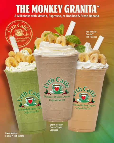 Escape the Summer heat and visit the tropics with Urth’s Monkey Granita! Choose YOUR favorite 🍌🧋

The Classic Brown Monkey, a thick creamy banana milkshake made with fresh bananas and Urth’s organic heirloom espresso with your choice of Mild, Strong, or Decaf. Prefer no coffee, but still want the caffeine? Try the Green Monkey, made with Urth’s exclusive ceremonial grade Wazuka Matcha. Looking for a different tea? Available also is the Red Monkey, with Urth’s Rooibos tea — a delicate, floral flavor for all to enjoy!

Can be made plant-based upon request!

#urthcaffe #milkshakesmoothies #themonkeygranita #sipsiphooray #summer