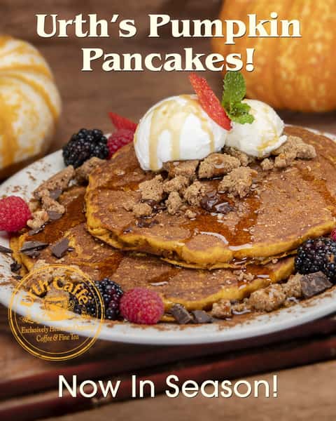 The wait is over...this seasonal favorite is back! Urth Caffé's famous Pumpkin Pancakes are available at your nearest café*! 🎃🥞
Our pure organic pumpkin puree is folded into our pancake batter, griddled and topped with fresh whipped cream, acacia honey butter, and pie crust crumbles. Don't walk, run to your local Urth Caffé to procure this seasonal treat. Once it's gone, it's GONE!
Skip the line by ordering ahead with the Urth App or Urth Online Ordering, enjoy the pumpkin season thoroughly and purely with Urth Caffé!
*Not available at Non-Griddle Locations: Downtown LA, Santa Monica, Melrose, Pasadena
#urthcaffe #pumpkinseason #pumpkinpancakes #griddlepancakes #purejoy pumpkin