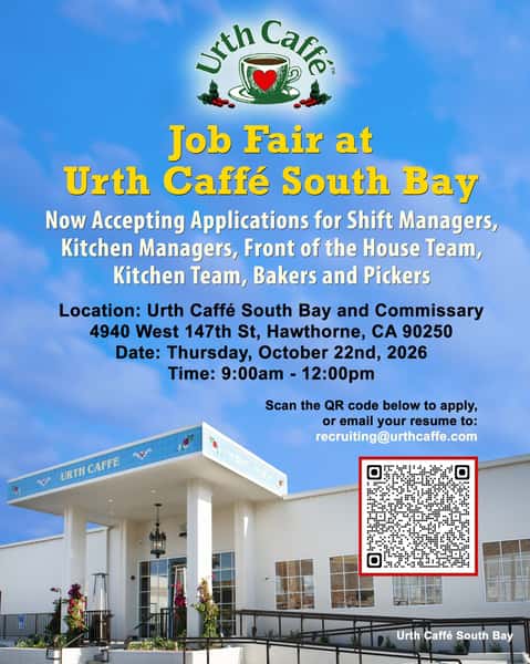 Seeking a full-time position with great benefits, learning opportunities, and an inclusive environment? ❤️☕Come meet with our team at the Urth Caffé South Bay Job Fair — we're looking for motivated, hard-working leaders and team members who are ready to work with a company that is committed to serving the community.

We’re looking for passionate, committed team members who are excited about working with a long-standing company that focuses on people, our planet, and providing pleasurable experiences with our iconic health-conscious cuisine and signature hand-crafted drinks.

You’re a great fit if you are:
- Friendly, upbeat, and love working with diverse communities across Southern California
- Reliable and detail-oriented, able to thrive in a fast-paced environment
- A team player with a positive attitude that encourages team members
- Eager to learn and grow within the company
- Passionate about great food, coffee, and service
Bring your enthusiasm and let your personality shine—we can't wait to meet you! ✨🌿

#urthcaffe #jobfair #jobs #recruitment #jobsearch #customerservice