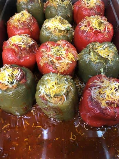 stuffed peppers together in a metal tray