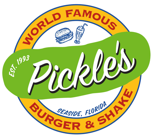 Pickle's Burger & Shake logo featuring vintage diner-style branding, burger and milkshake icons, and Seaside, Florida location established in 1993.