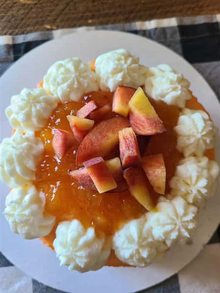 cake with fruit puree and peach slices