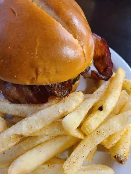 bacon burger with fries