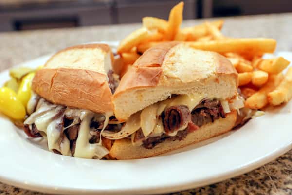 Barbeque roast beef sandwich with fries