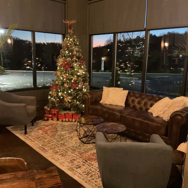 Cozy restaurant lounge with leather seating, holiday decorations, and a lit Christmas tree near large windows at dusk.