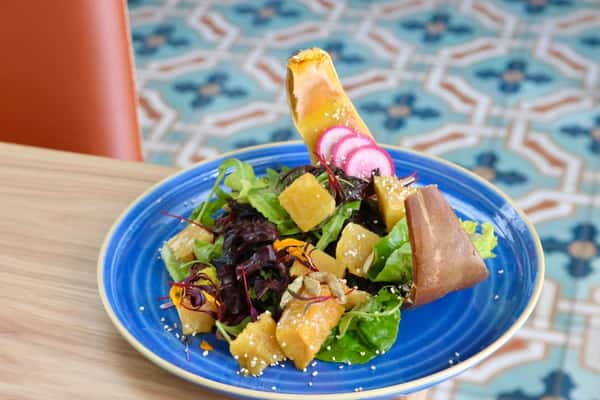 Artfully presented tuna poke-style appetizer at Hugo's restaurant with fresh vegetables, seafood, and colorful contemporary plating.