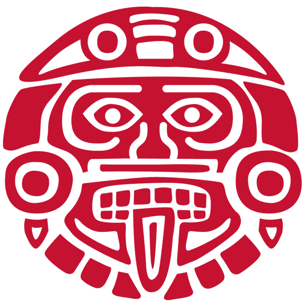 Decorative red Aztec-inspired mask graphic used as a bold visual accent for Mexican restaurant branding, menus, and promotional materials.