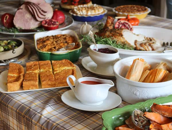 Southern comfort food spread featuring homemade cornbread, soups, casseroles, and classic family-style dishes served at Hugo's restaurant.