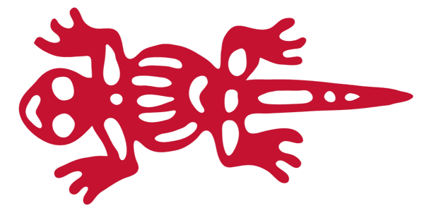Decorative red Aztec-inspired lizard graphic representing Mexican heritage, used as a bold visual element for restaurant branding, menus, and promotional materials.