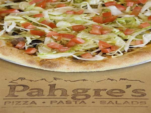 Pahgre's logo with pizza above it