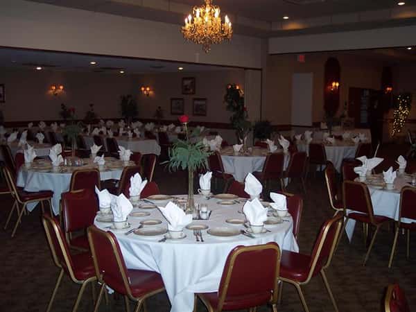 inside of dining area set for catering event.